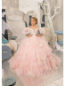 Off Shoulder Beaded Ivory Lace Pink Tulle Ruffled Flower Girl Dress